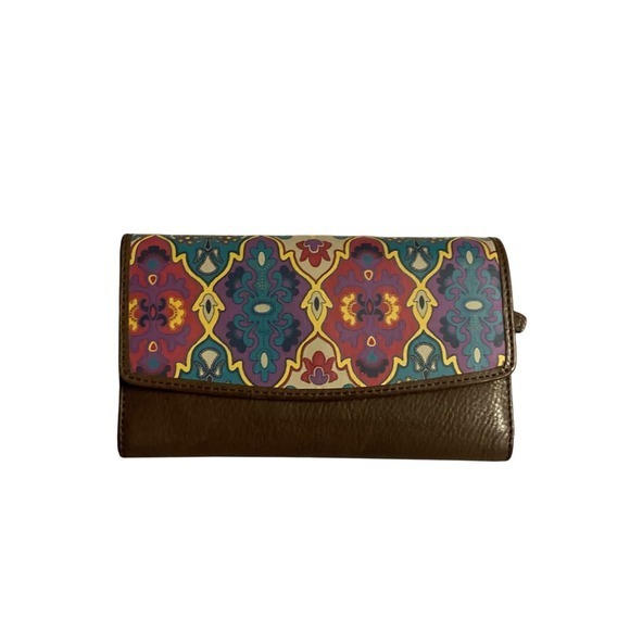 Fossil Wallet Genuine Leather‎ Brown Clutch Colorful Print Snap Closure - Picture 1 of 9